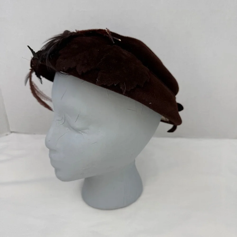 Vintage Henry G. Ross Original Brown Velour Feather Beret Hat Medium NY Paris